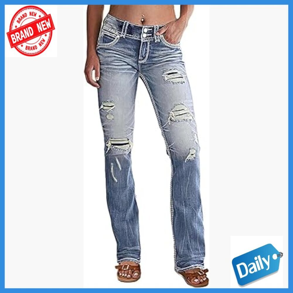 Low Rise Bootcut Jeans Distressed Ripped Denim Pants Regular Fit - Picture 1 of 5